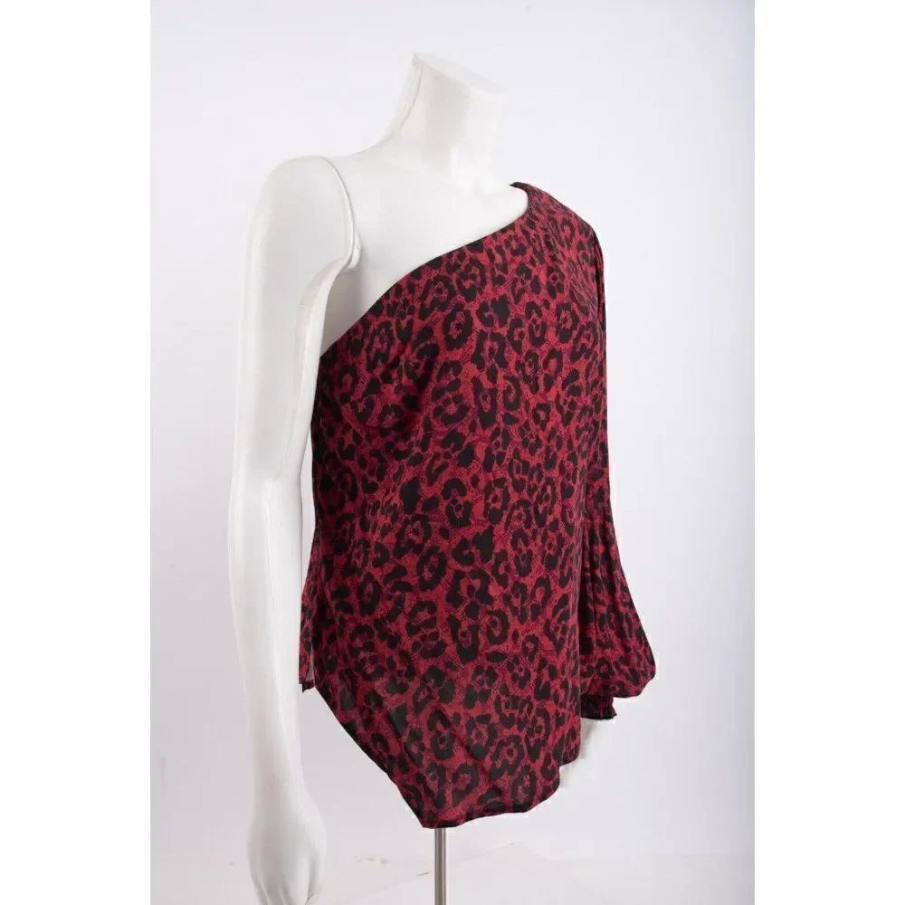Allen Schwartz Womens One Shoulder Blouse Brooke M Red Black Animal Print Nwt — image 2 of 6